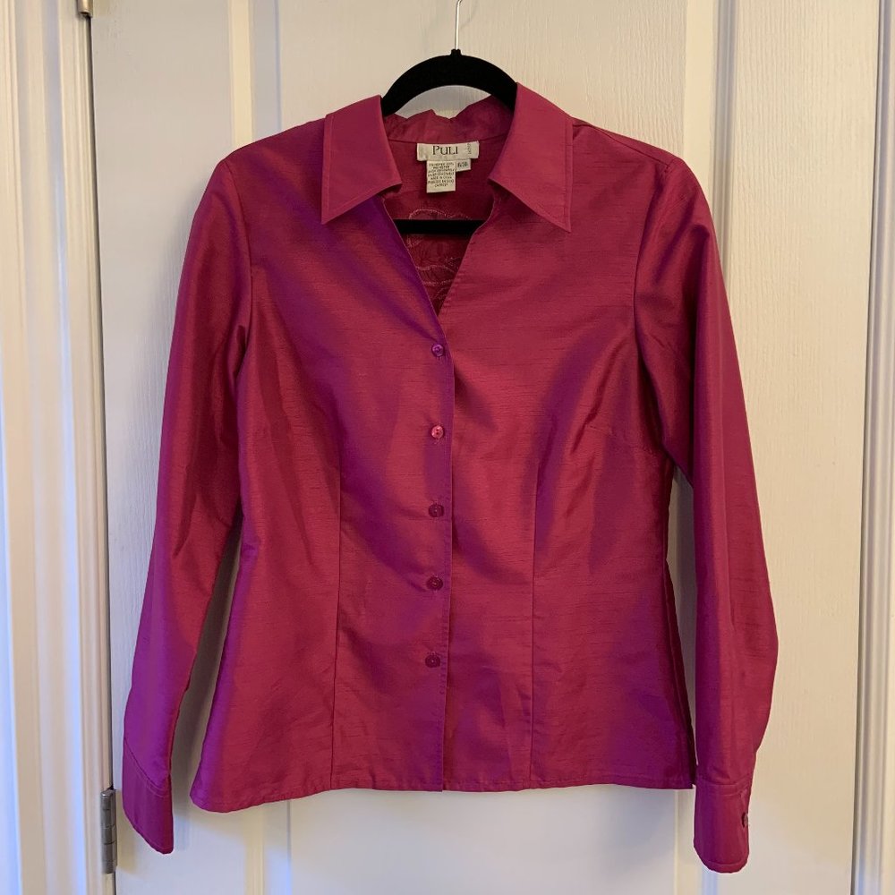 Puli Button Up Shirt Blouse V-neck with collar Fuchsia Purple Size 6
